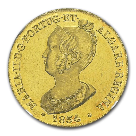 1834 Portugal Gold Peca 6400 Reis Maria II MS-64 NGC 1834 Portugal Gold Peca 6400 Reis Maria II MS-64 NGC